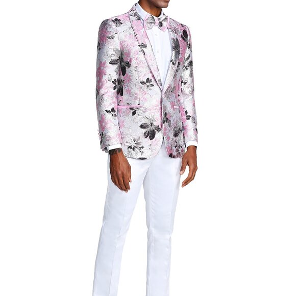 Pink Floral Print Shawl Collar Men's Jacket
